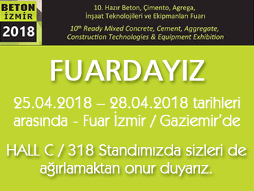 25.04.2018 – 28.04.2018 tarihleri arasında İzmir - Gaziemir’de BETON İZMİR 2018 Fuarındayız.